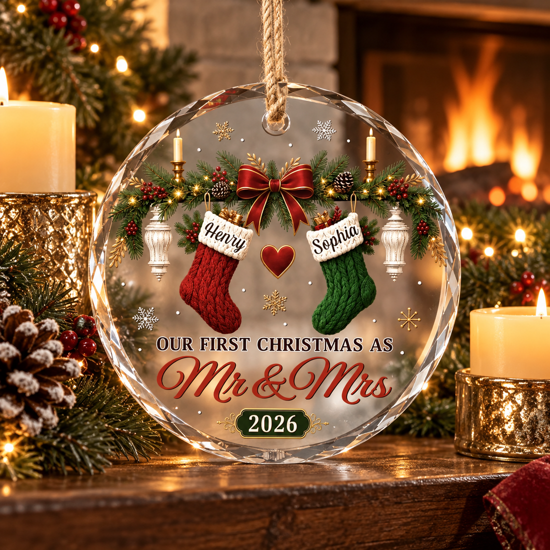 Personalized Mr and Mrs first Christmas glass ornament on a fireplace mantel with candles and garland