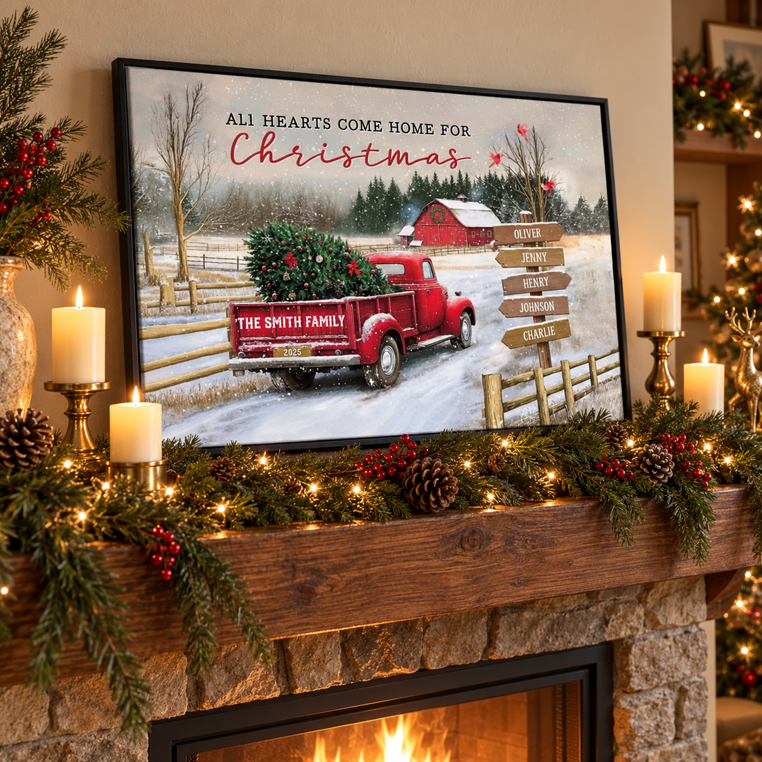 All Hearts Come Home For Christmas family canvas print on a fireplace mantel with garland