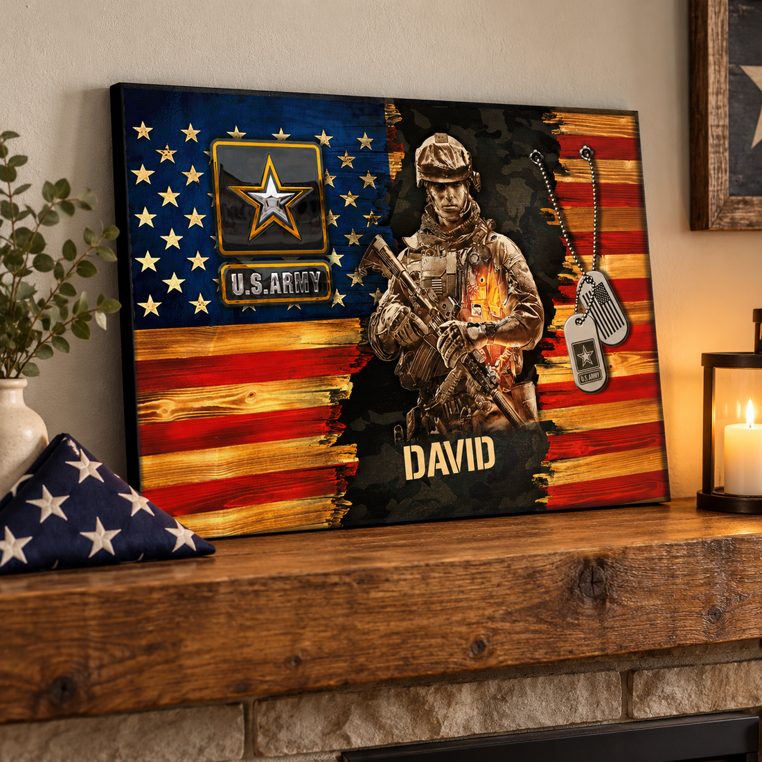 Custom U.S. Army wood flag canvas print with name David on a mantel beside a folded flag and candle
