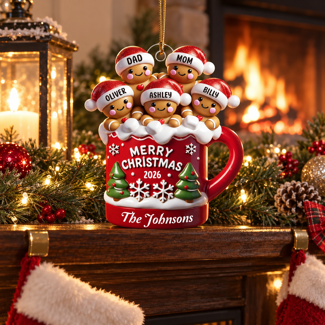 Personalized gingerbread family Merry Christmas mug ornament on a fireplace mantel with garland