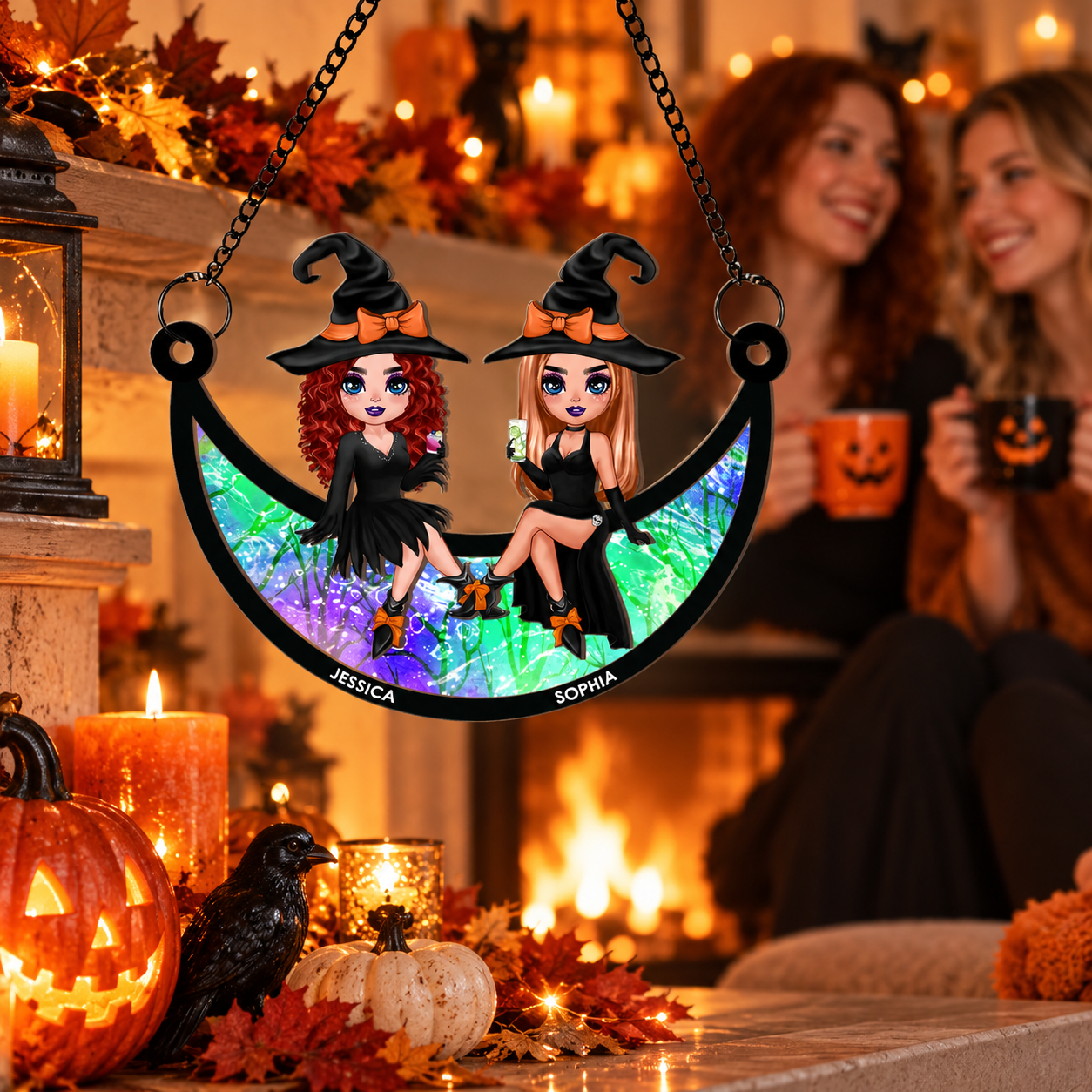 Personalized witch besties suncatcher on a Halloween mantel with pumpkins and candles