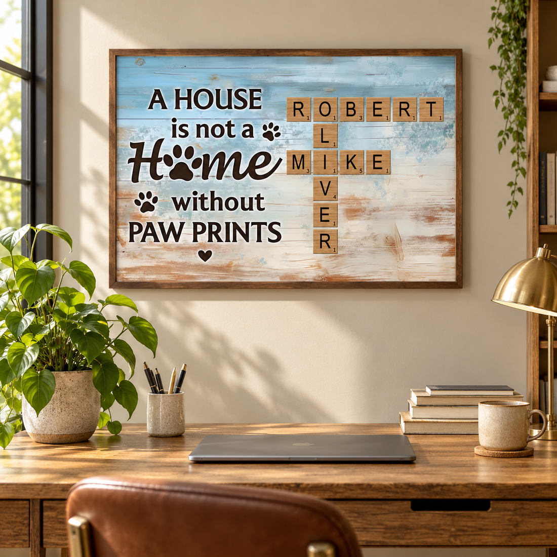 Personalized pet name crossword puzzle poster in a home office above a desk