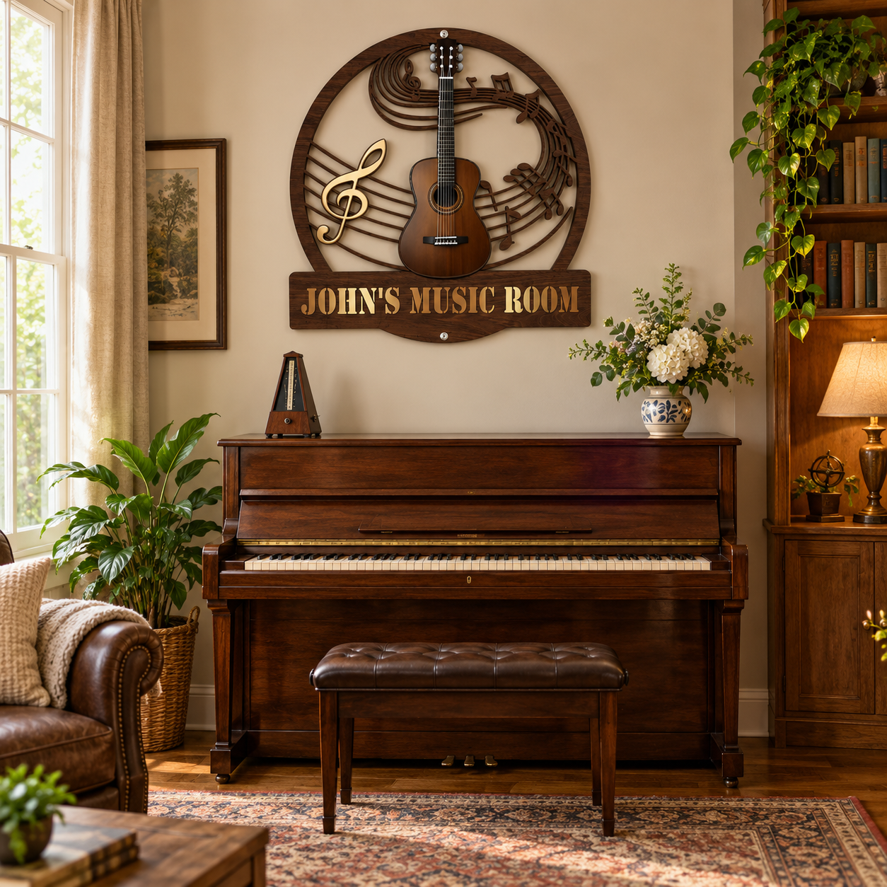 Personalized wooden guitar Music Room sign above an upright piano in a living room