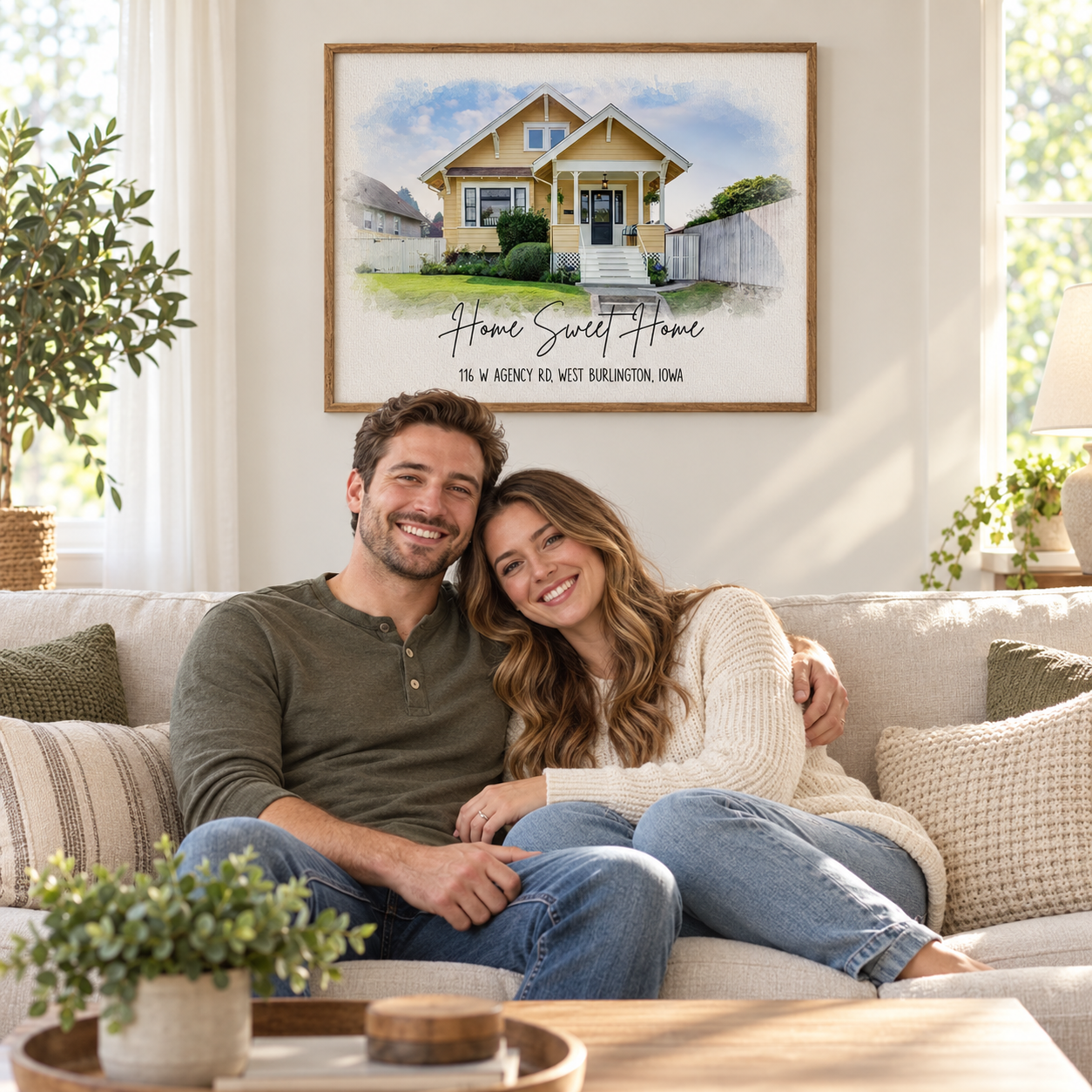 Personalized watercolor house portrait poster Home Sweet Home above a sofa with a smiling couple