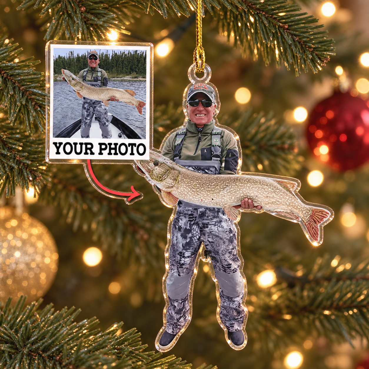 Custom photo fishing acrylic Christmas ornament hanging on a lit tree