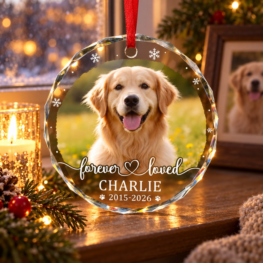 Pet memorial photo glass ornament on a windowsill beside a candle