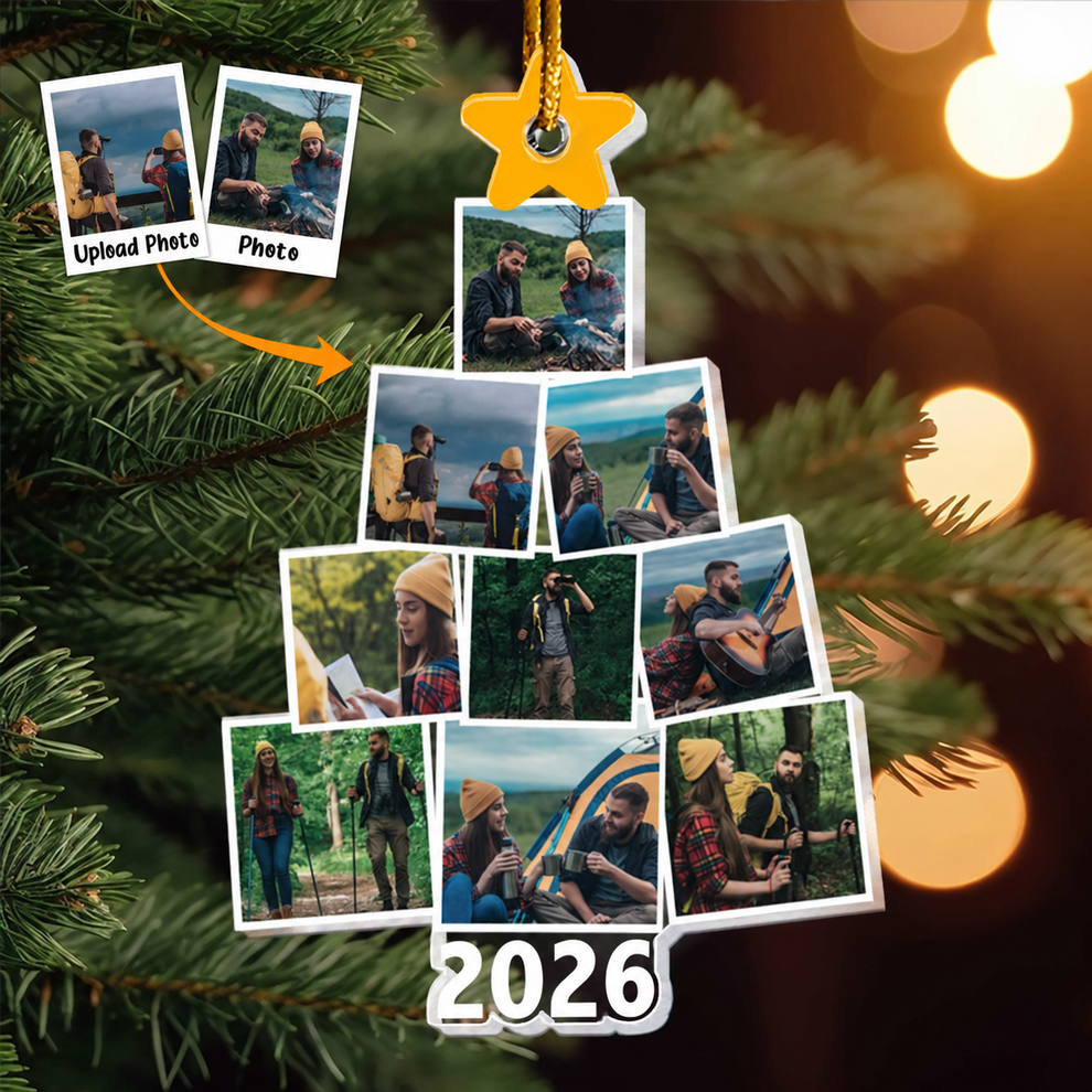 Custom Photo Camping Christmas Tree - Personalized Custom Shaped Acrylic Ornament - Christmas Gift For Camping, Hiking Lover or Couple