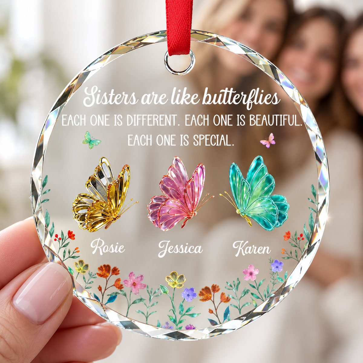 Close-up of the Personalized Circle Glass Ornament showing butterfly artwork and custom names.
