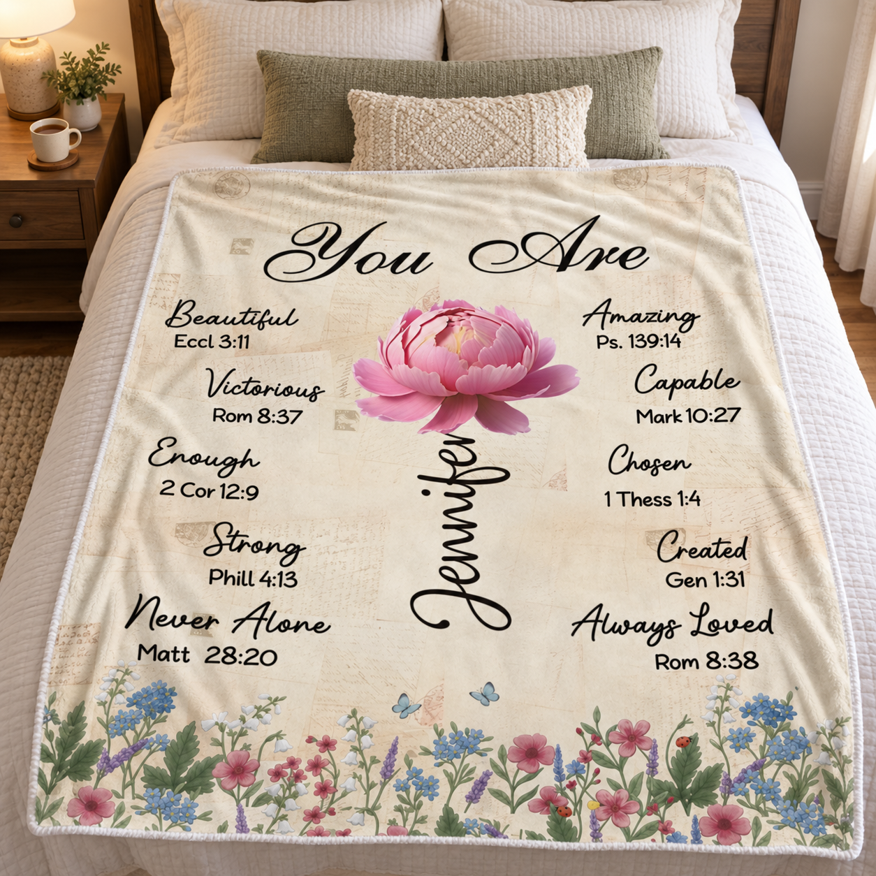 Custom You Are Bible verse blanket with peony and name Jennifer spread on a bed beside a nightstand