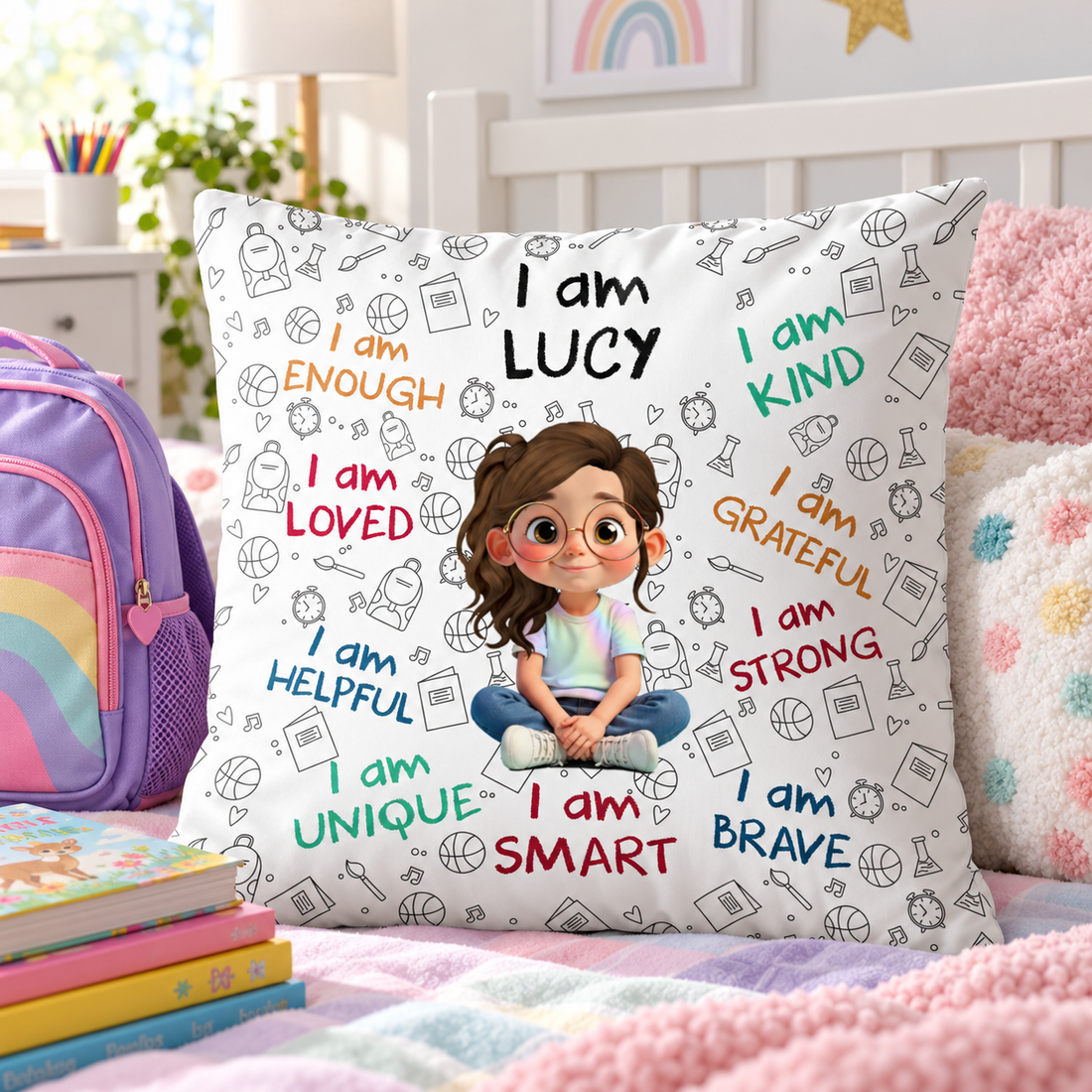Custom I Am Enough Loved Unique Brave kid pillow in a bright bedroom beside a backpack and books