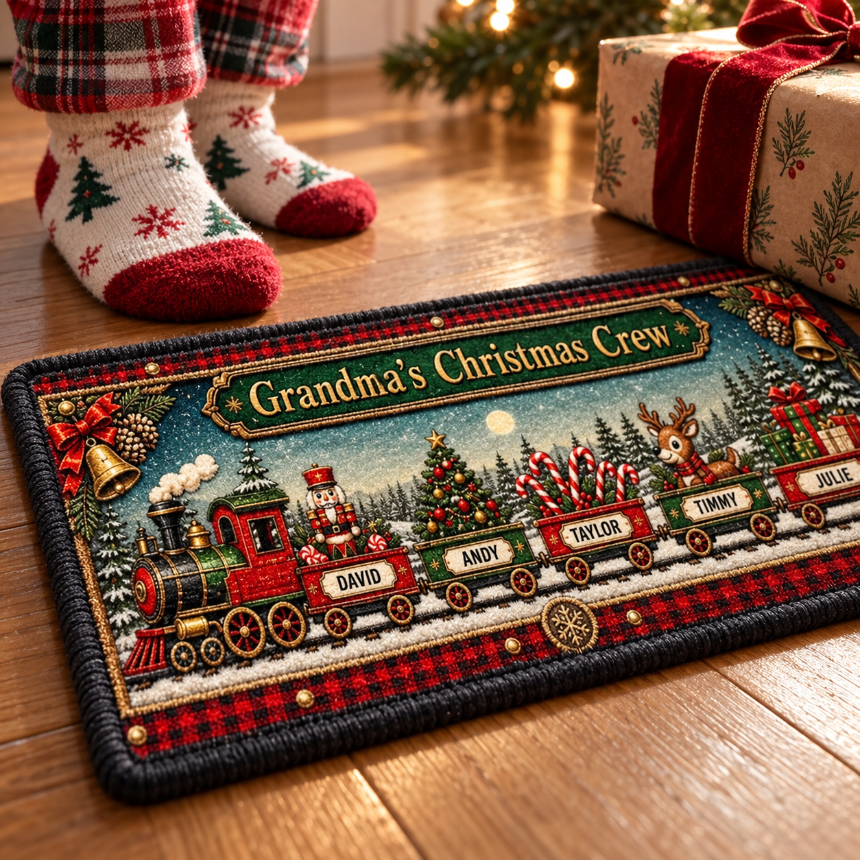 Close-up corner of a personalized Christmas train runner rug with family names