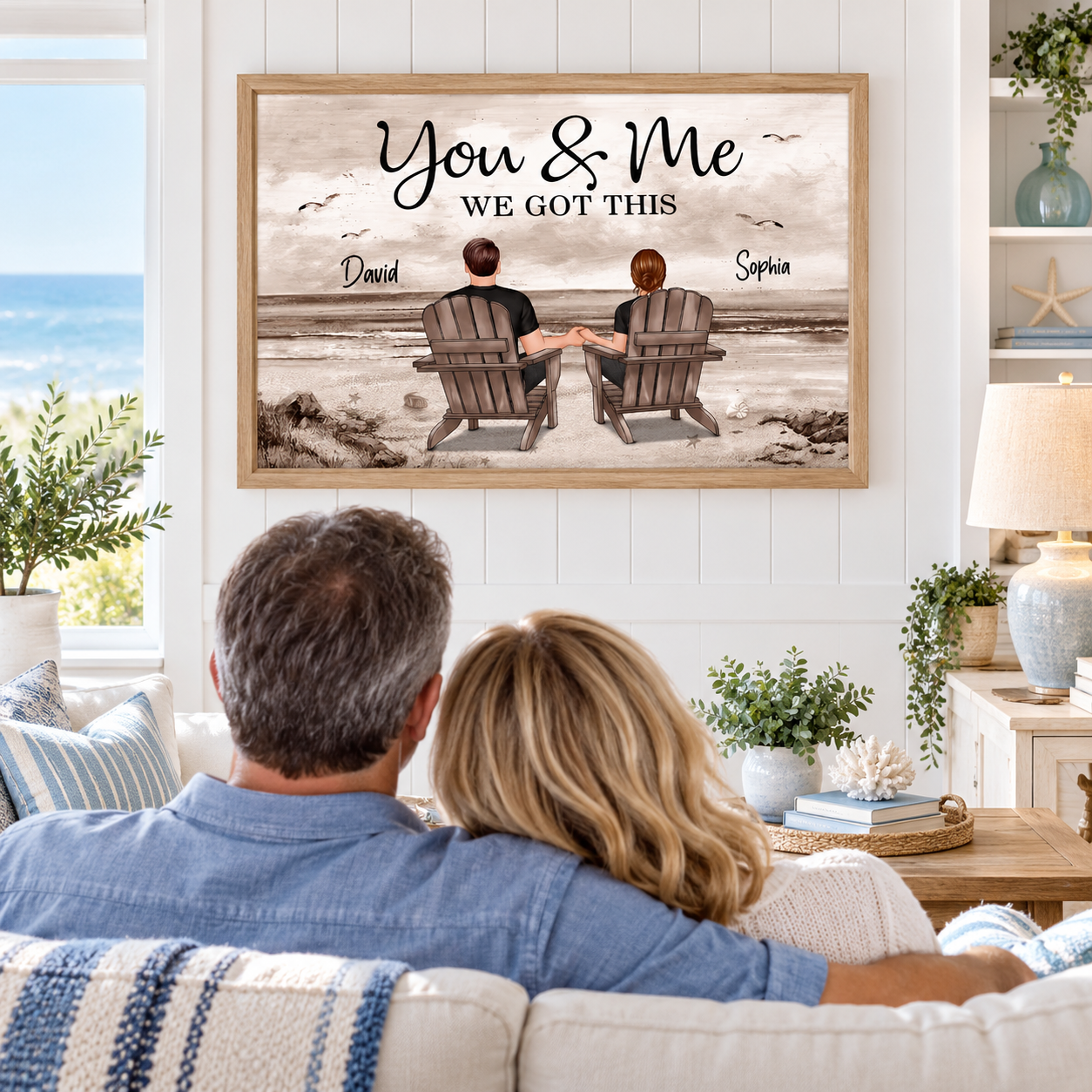 Framed You and Me We Got This couple beach poster above a coastal living room sofa with a couple