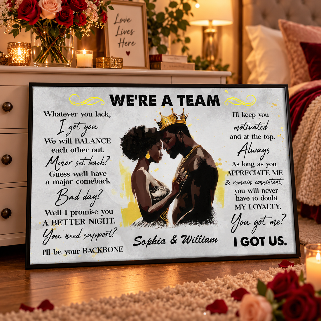 Custom We're A Team couple poster leaning on a dresser with red roses and candles