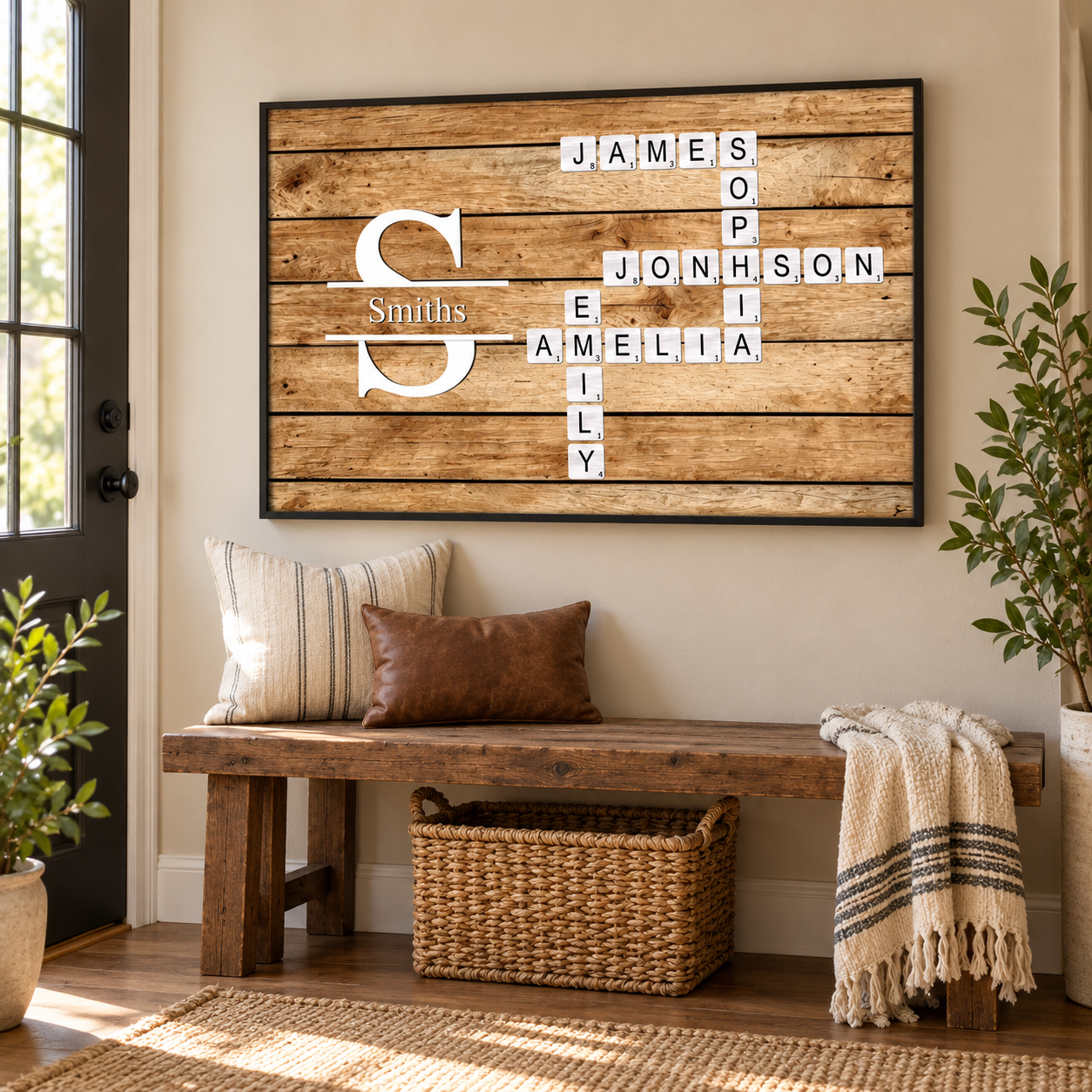 Personalized crossword family names poster hanging in an entryway above a bench and basket