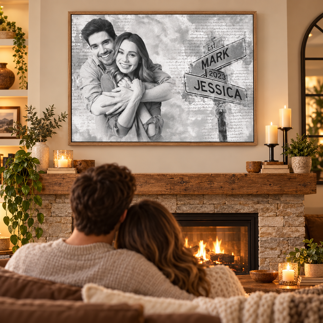Framed custom couple photo canvas with Mark and Jessica street sign above a fireplace with a couple on the sofa