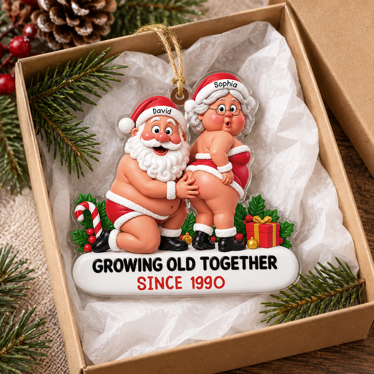 Personalized Santa couple Growing Old Together Since 1990 acrylic ornament in a kraft gift box with tissue paper