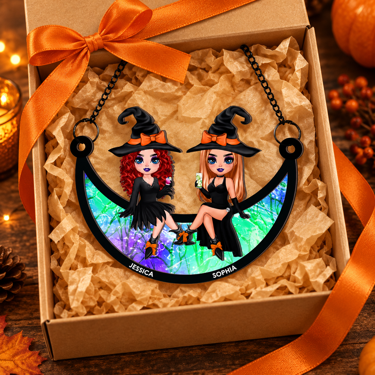 Halloween witch besties suncatcher in a kraft gift box with tissue paper and orange ribbon