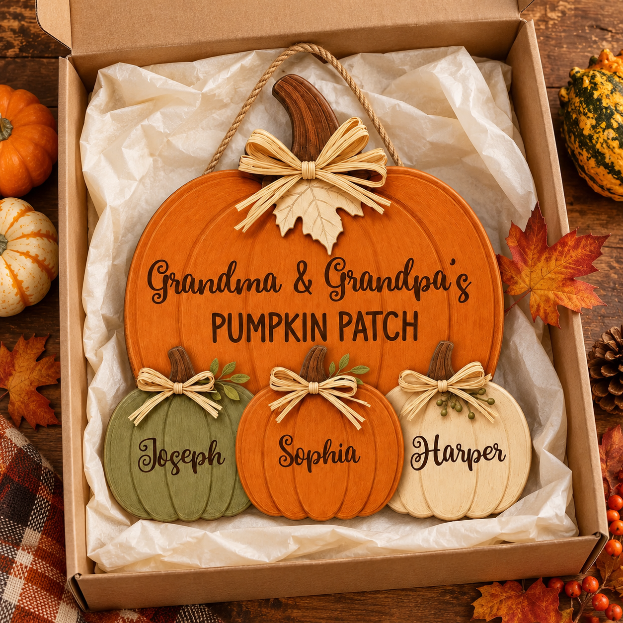 Personalized Grandma and Grandpa Pumpkin Patch wooden sign in a kraft gift box with autumn leaves