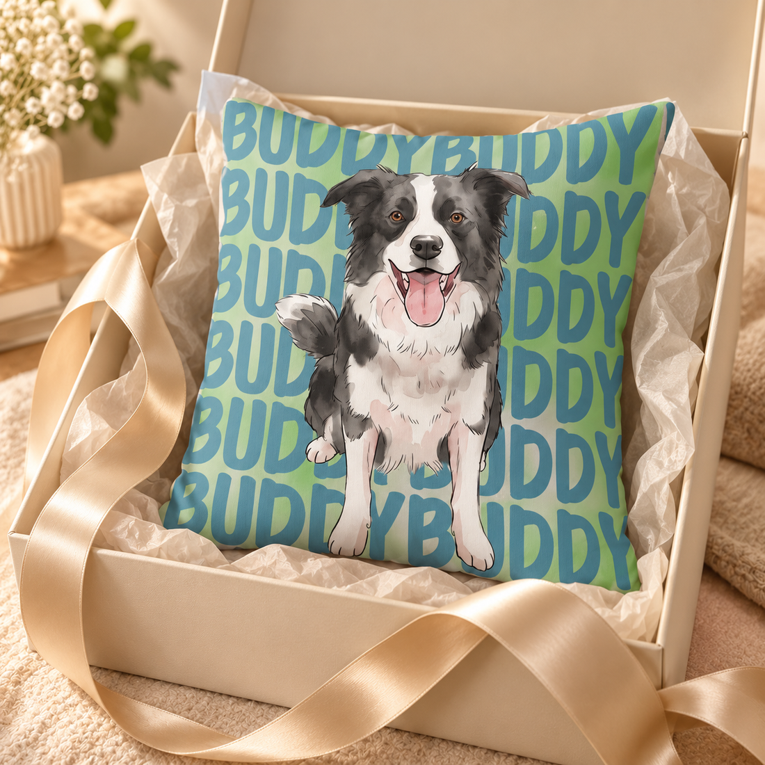 Custom Buddy dog name pillow in an open gift box with ribbon and tissue paper