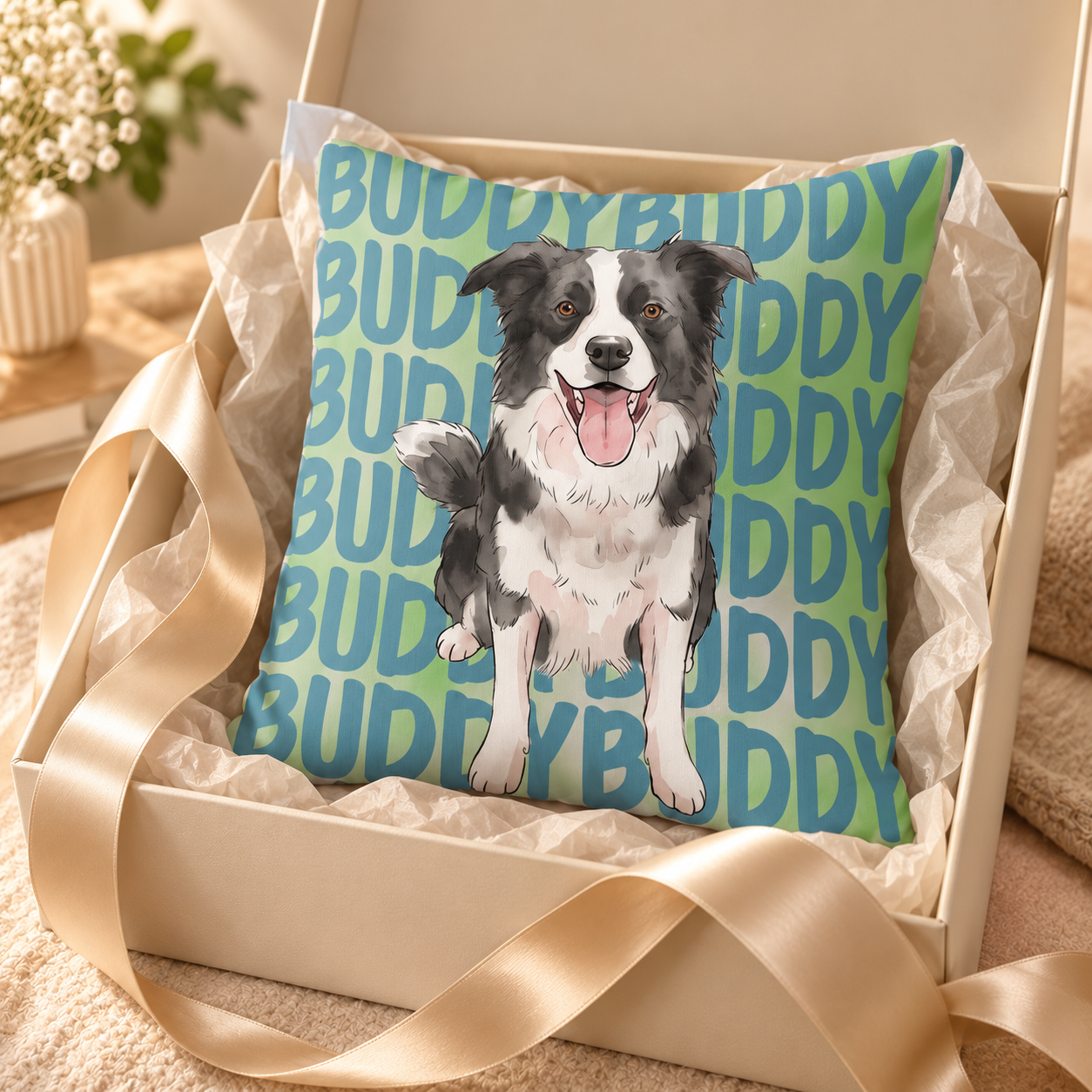 Custom Buddy dog name pillow in an open gift box with ribbon and tissue paper