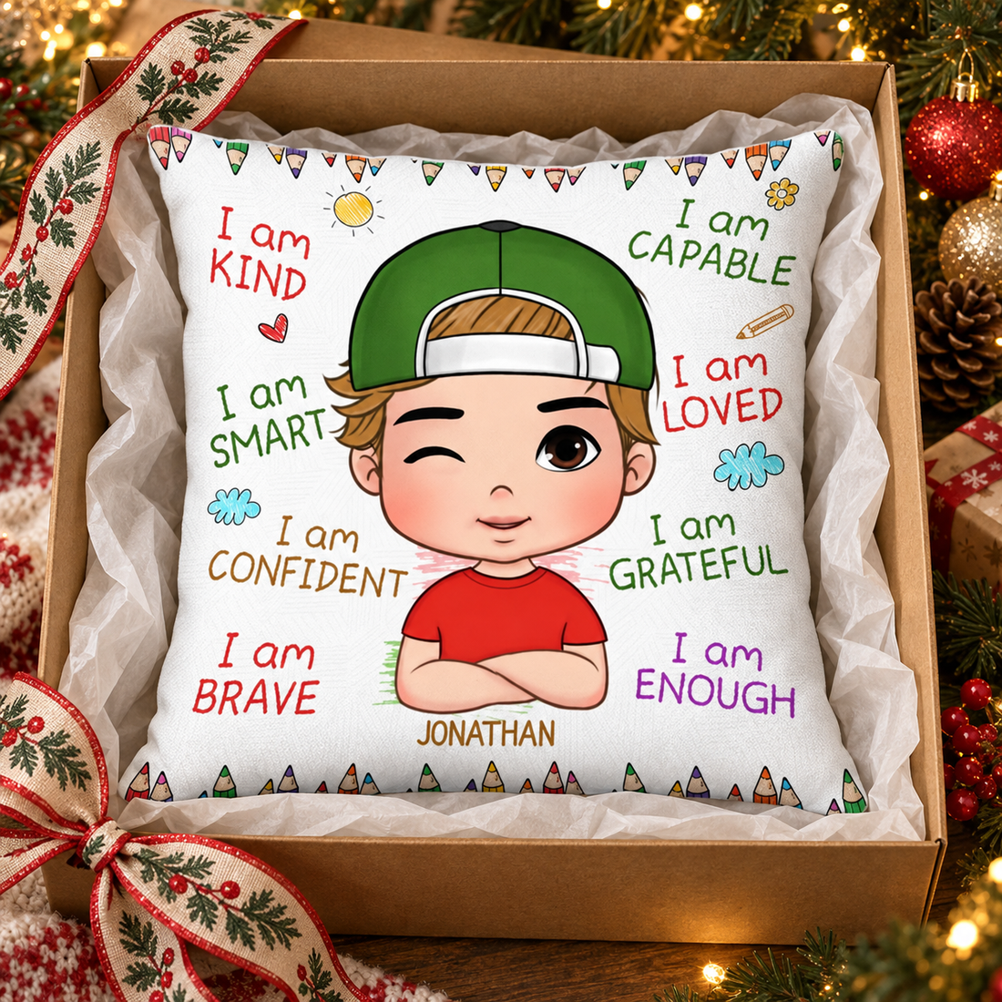 Custom I Am Kind Smart Loved pillow in a kraft gift box with tissue paper and ribbon