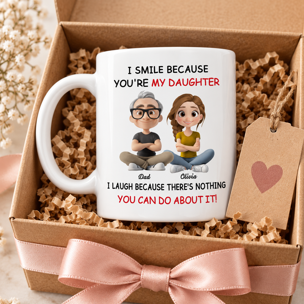 Custom daughter mug in a kraft gift box with tissue paper and ribbon