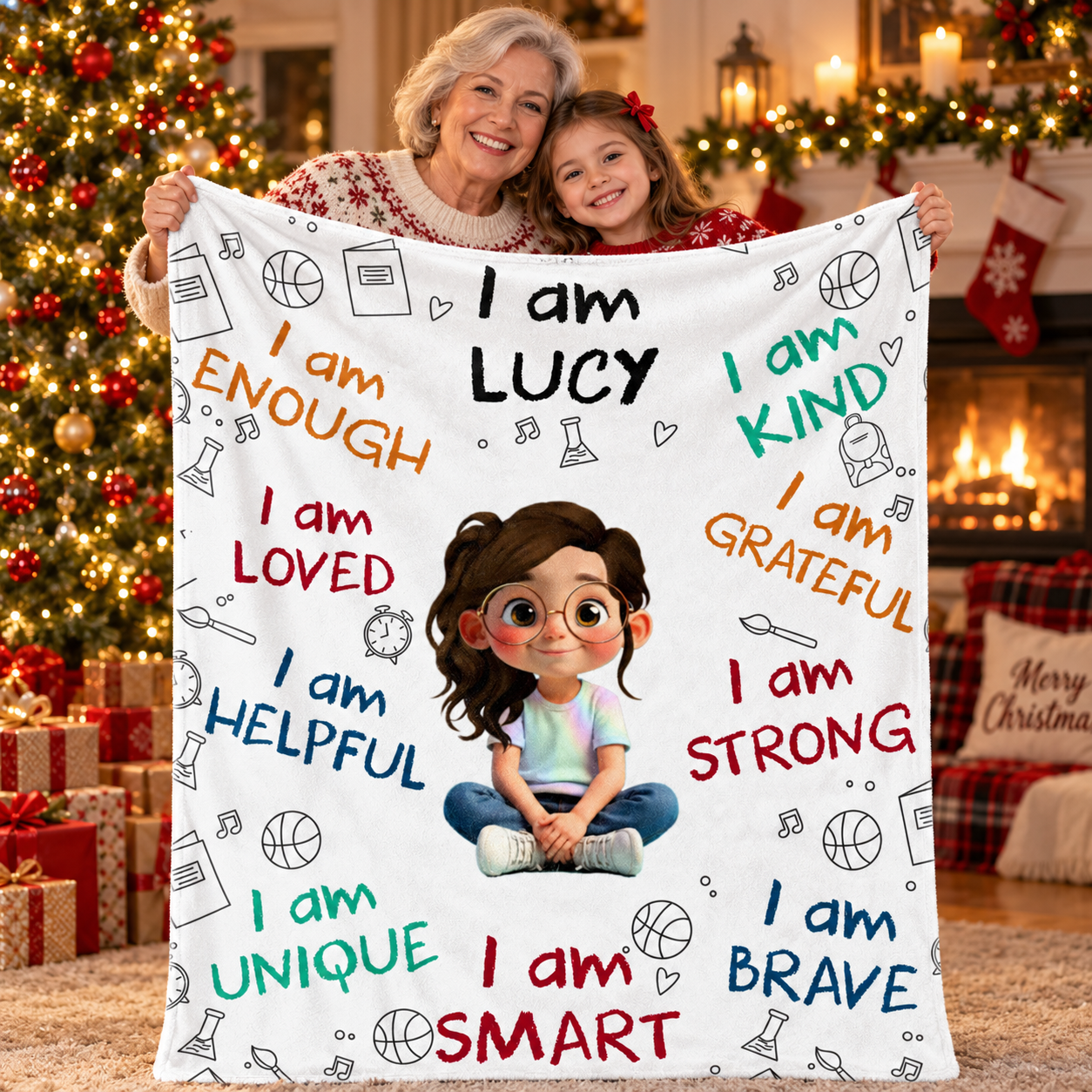 Grandma and granddaughter holding up a personalized I Am Lucy affirmation blanket beside a Christmas fireplace