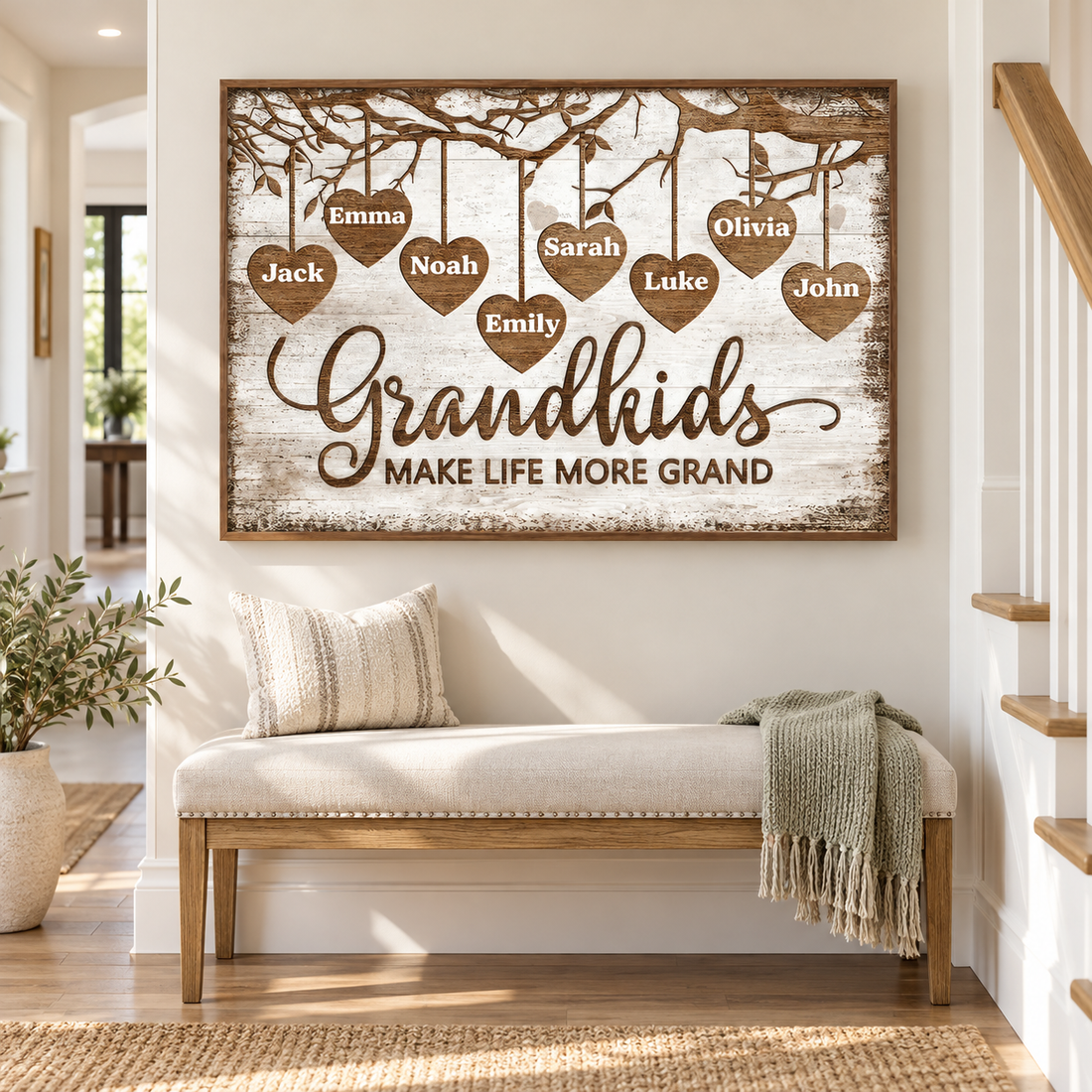 Personalized Grandkids Make Life More Grand names poster on a bright hallway wall above a bench