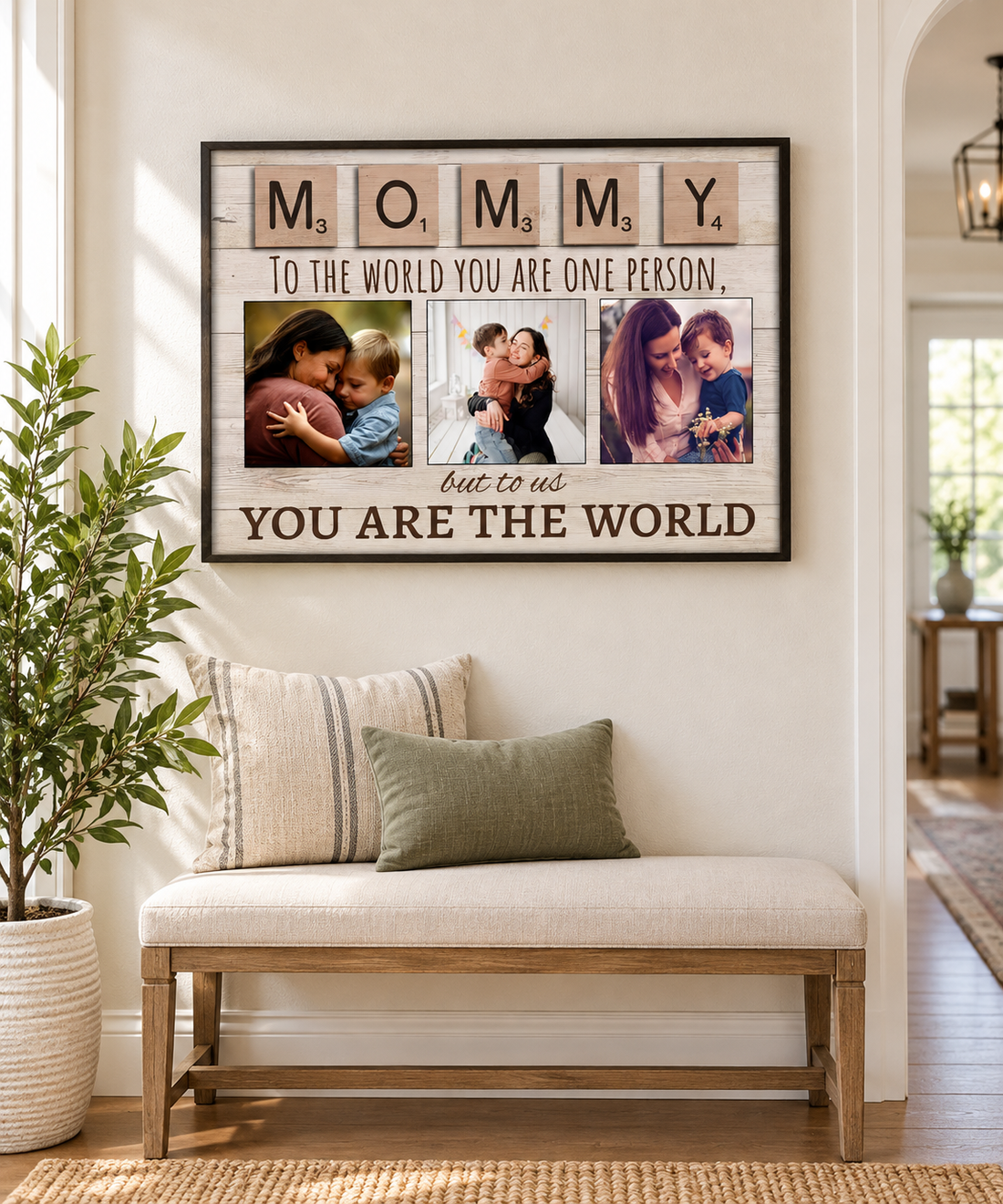 Personalized Mommy Scrabble tile photo poster on a bright hallway wall above a bench