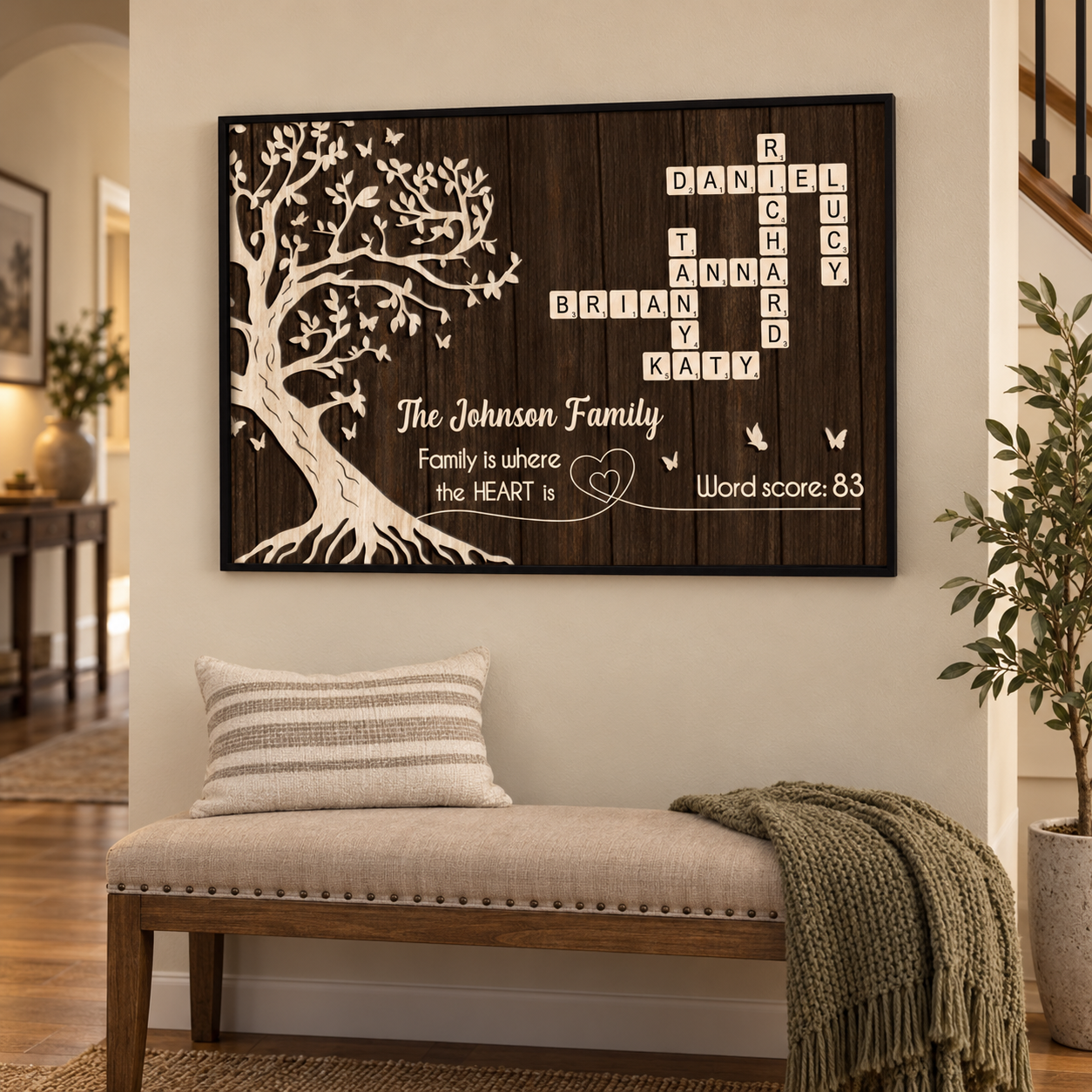 Personalized crossword tree of life family poster hanging in a hallway above a bench