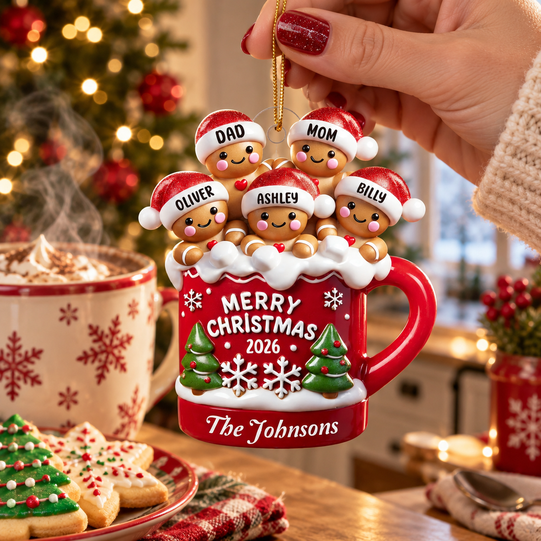 Hand holding a personalized gingerbread cocoa mug ornament beside a hot cocoa mug and cookies