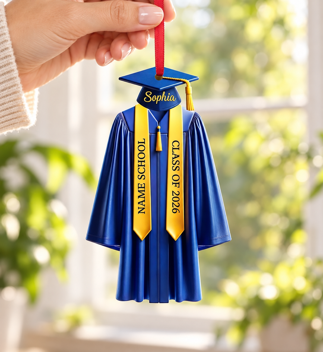 Hand holding a personalized graduation gown ornament with Class of 2026 stole by a sunny window