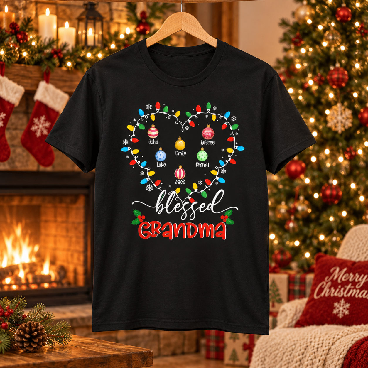 Black Blessed Grandma heart lights t-shirt on a hanger by a Christmas fireplace