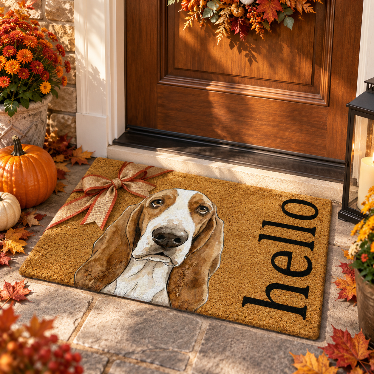 Custom pet Hello doormat at a new home front door with a gift ribbon, autumn porch
