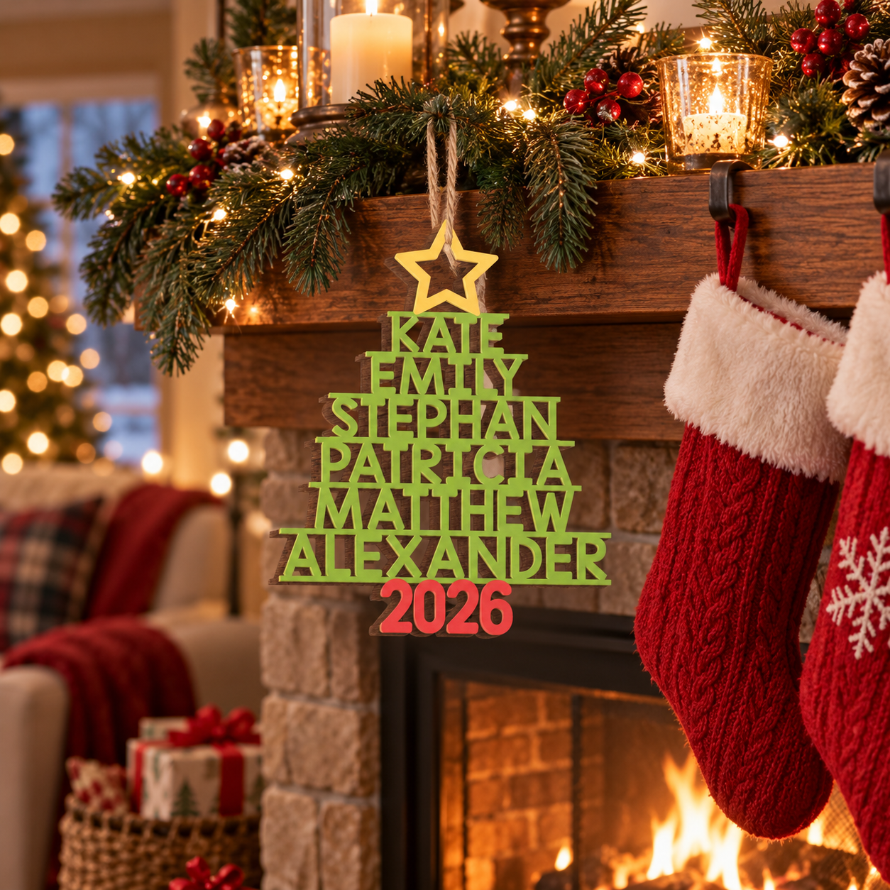 Personalized family names wood ornament on a fireplace mantel with candles and red stockings