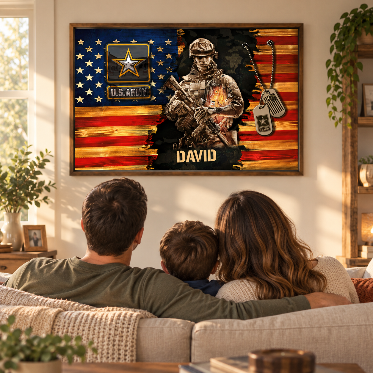 Framed Soldier American rustic flag poster with name David above a living room sofa with a family
