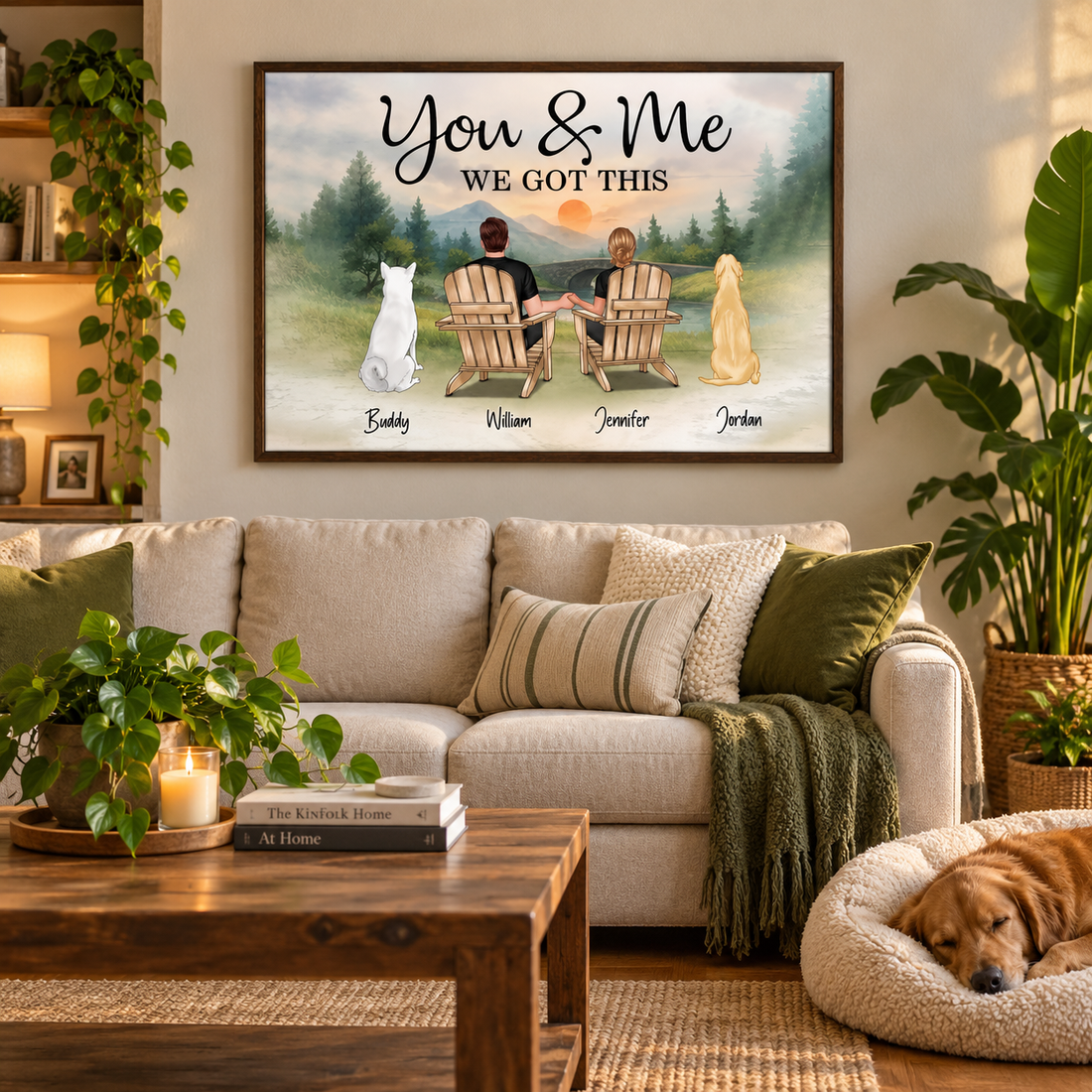 Personalized couple and dogs poster above a living room sofa with a dog bed and plants