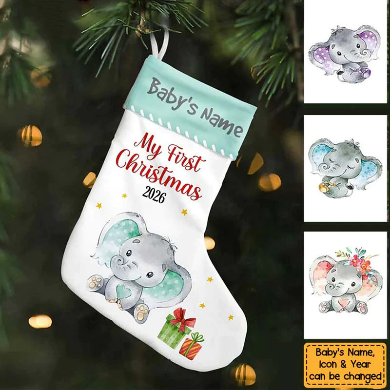 Elephant Baby First Christmas - Personalized Custom Christmas Stocking - Gift for New Infant, Baby Girl, Boy, Granddaughter, Grandson