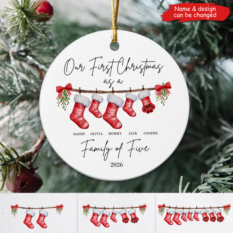 First Christmas as a Family Of Five With Pet - Personalized Ceramic Ornament - Babies First Christmas Gifts