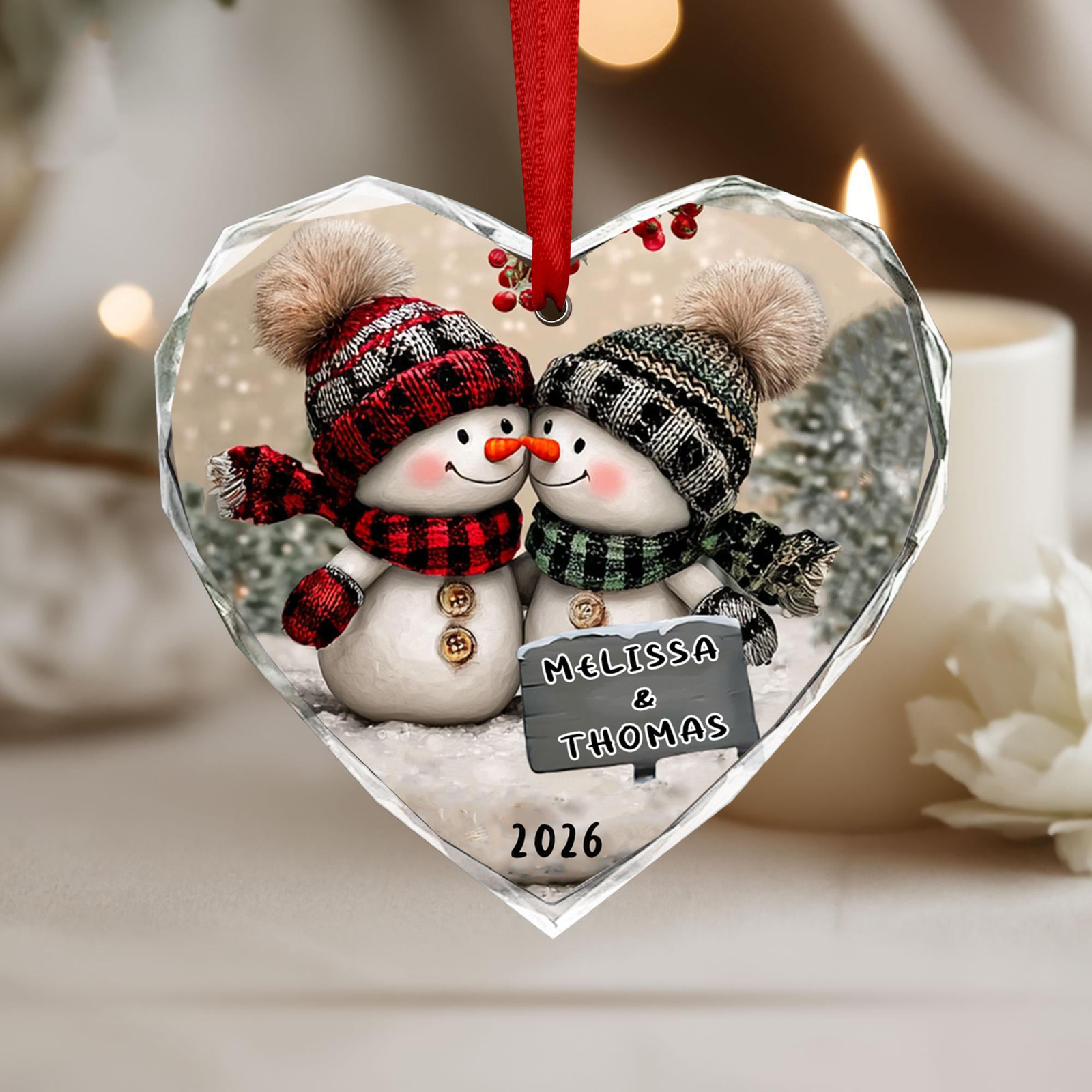 Snowman Couple Christmas - Personalized Heart Glass Ornament - Christmas Gift For Her/Him, Husband/Wife, Couples