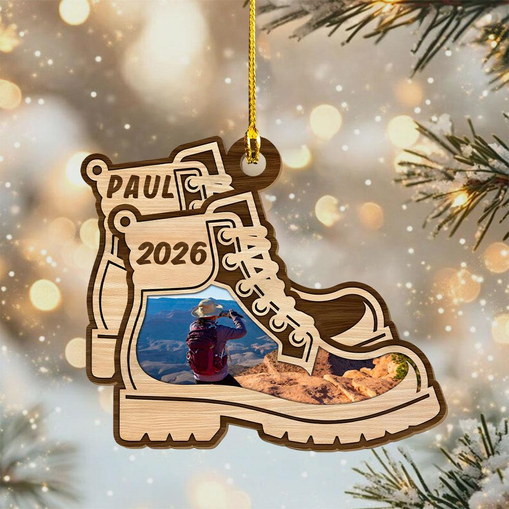 Custom Photo Hiking Boots Christmas - Personalized Wood Ornament - Christmas Gift for Men Women, Hiking Lovers, Hiker Christmas Gift, Travel Gift
