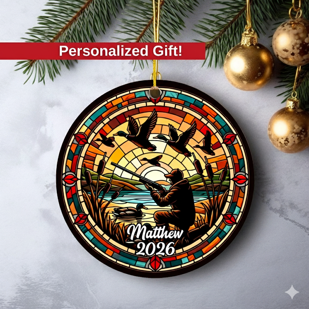 Duck Hunting Christmas - Personalized Window Hanging Suncatcher Ornament - Christmas Gift For Hunter, Outdoor Hunting