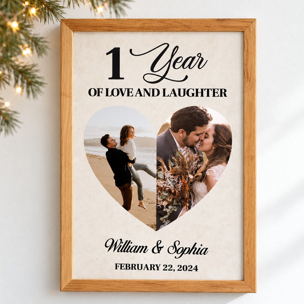 Personalized 1 Year of Love and Laughter couple photo framed print on wall with holiday greenery
