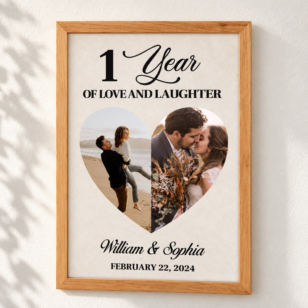 Custom couple anniversary heart photo framed poster displayed on a bright wall