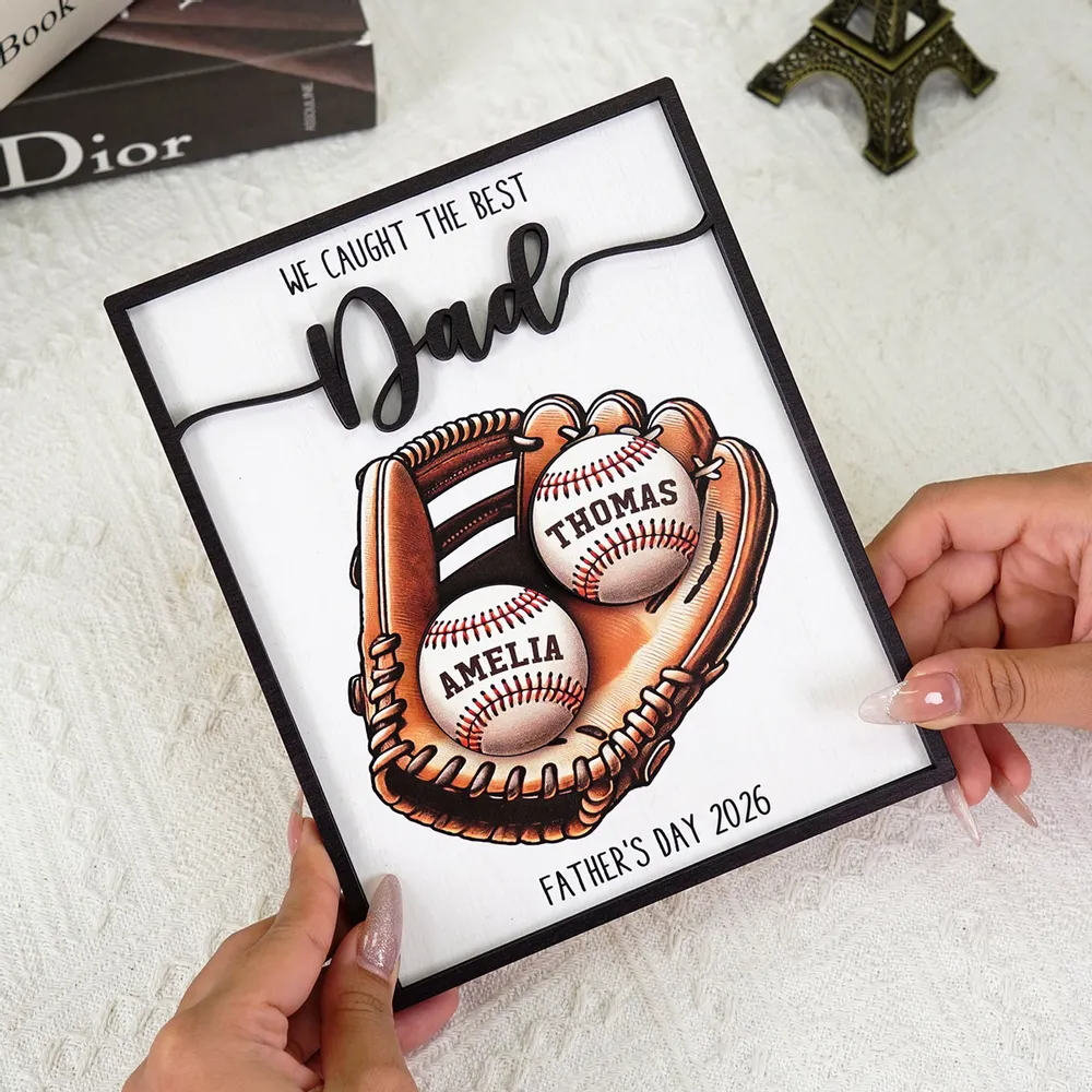 Personalized We Caught The Best Dad Baseball, Softball wooden plaque, alternate view 4