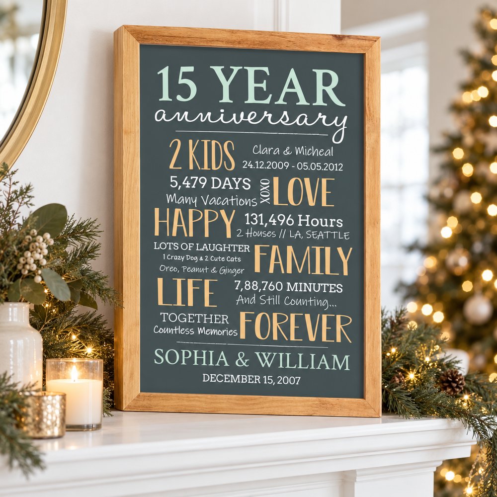 15 year anniversary personalized framed print displayed on a bright holiday mantel