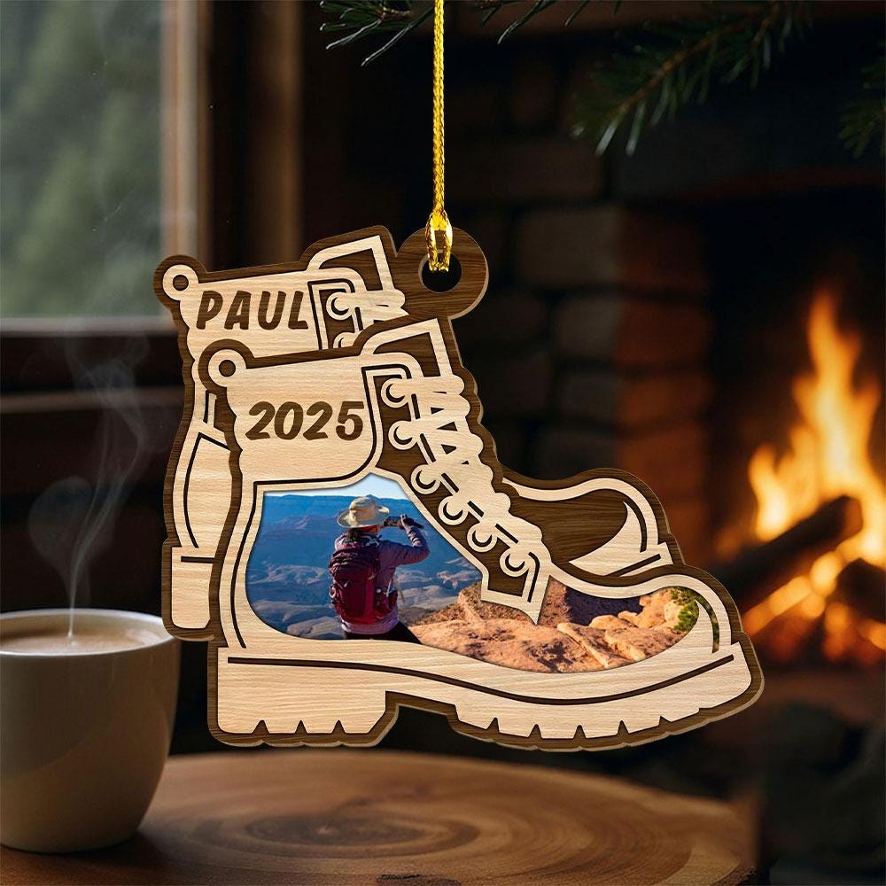 Custom Photo Hiking Boots Christmas - Personalized Wood Ornament - Christmas Gift for Men Women, Hiking Lovers, Hiker Christmas Gift, Travel Gift