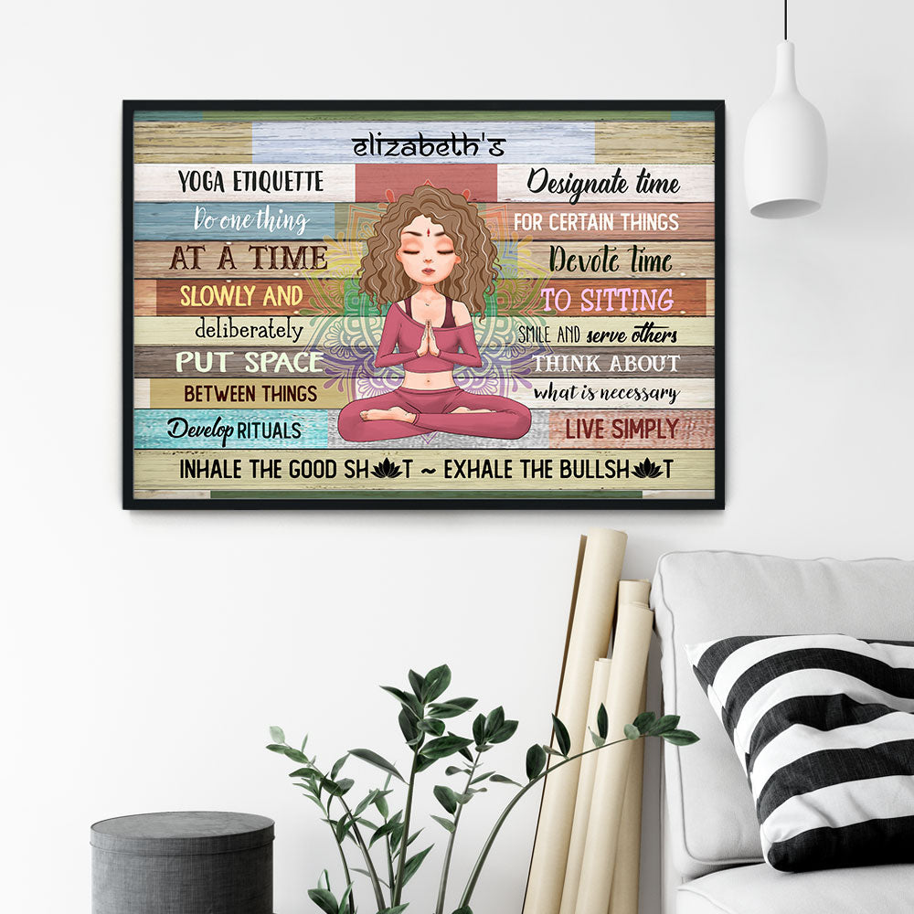 Personalized Yoga Etiquette poster, size options shown on a sofa wall