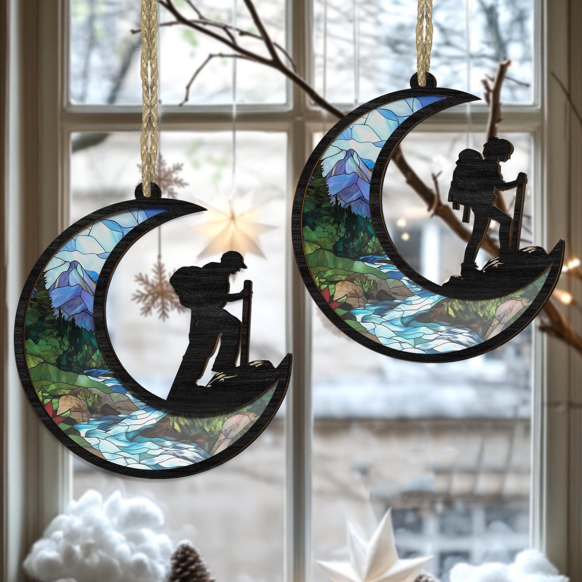Hiker Ornament - Personalized Window Hanging Suncatcher Ornament - Gift for Men Women, Hiking Lovers, Hiker Christmas Gift, Travel Gift 1
