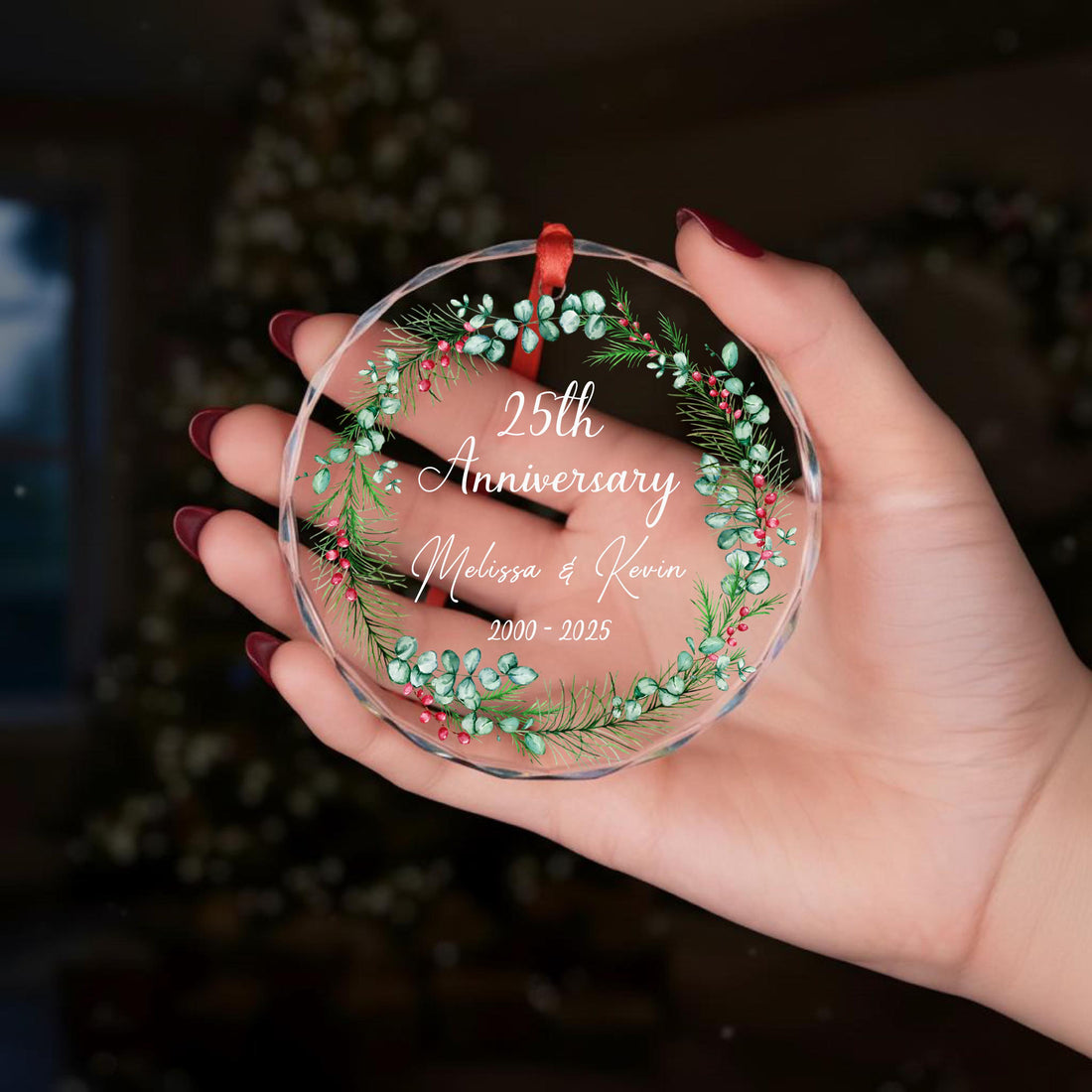 Couple Anniversary Ornament personalized circle glass ornament, alternate view 3